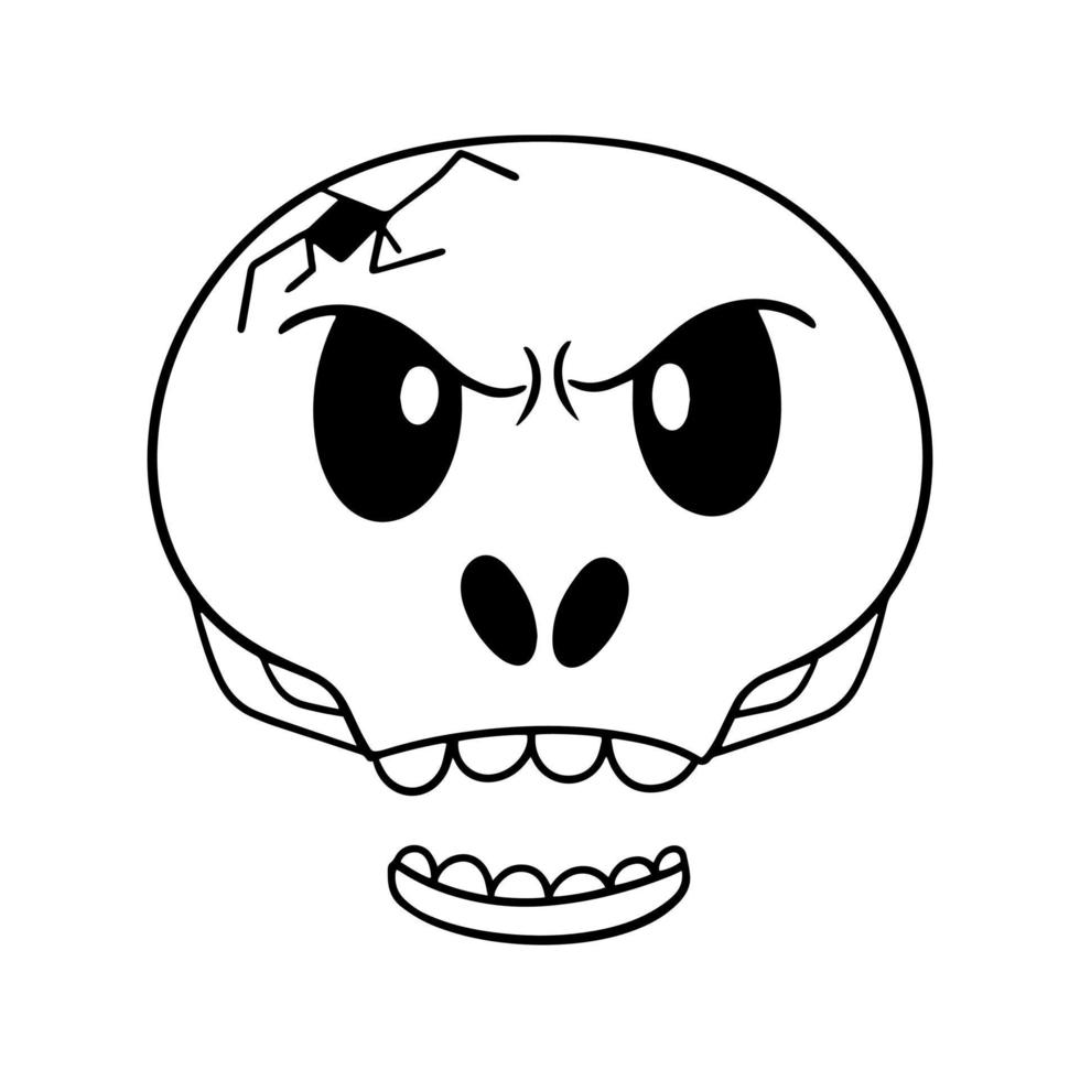 zwart-wit beeld, boze schedel met een barst, vectorillustratie in cartoonstijl op een witte achtergrond vector