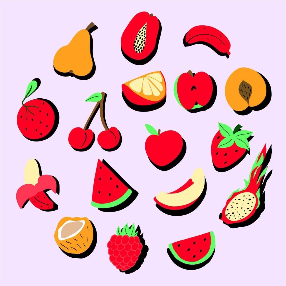 set van fruit met schaduw. zomer kleurrijke fruit en bessen doodle set. schattige vectorillustratie vector