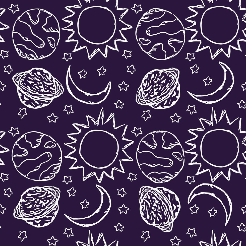 naadloos ruimtepatroon. kosmos achtergrond. doodle vector ruimte illustratie met planeten, sterren, maan, zon