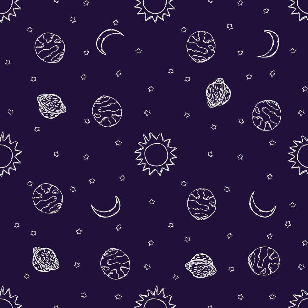 naadloos ruimtepatroon. kosmos achtergrond. doodle vector ruimte illustratie met planeten, sterren, maan, zon