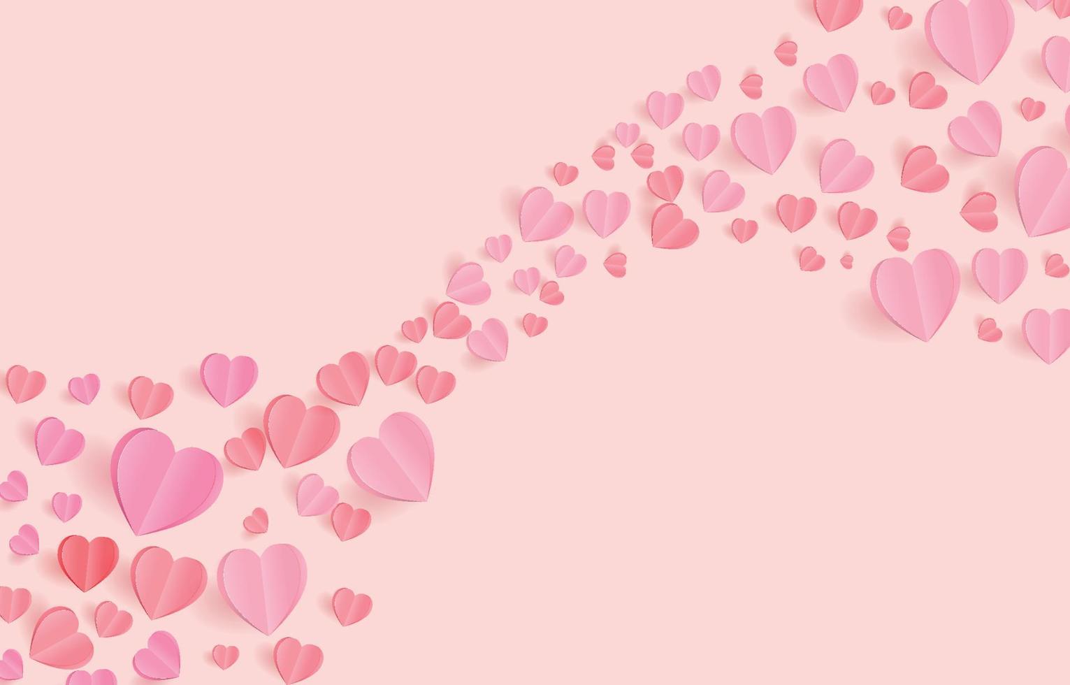 papier gesneden elementen in de vorm van een hart vliegen op oranje en zoete achtergrond. vectorsymbolen van liefde voor gelukkige Valentijnsdag, verjaardagswenskaartontwerp. vector