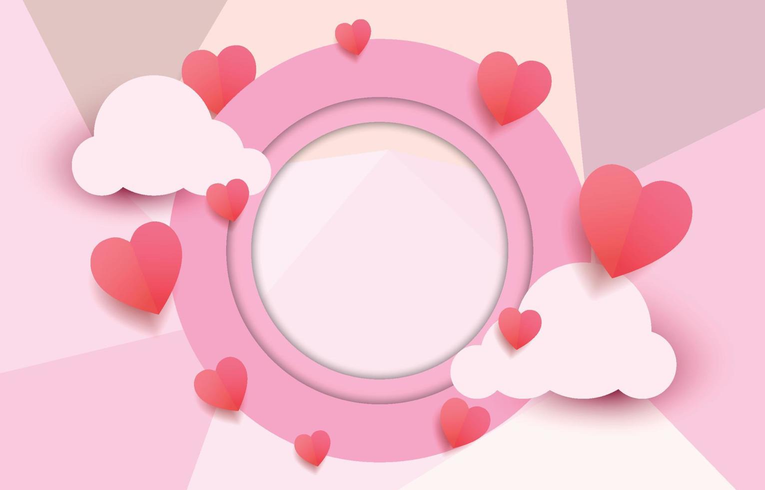 papier gesneden elementen in de vorm van hart en wolk met cirkelframe met een groet op roze en zoete achtergrond. vectorsymbolen van liefde voor gelukkige valentijnsdag, wenskaartontwerp. vector