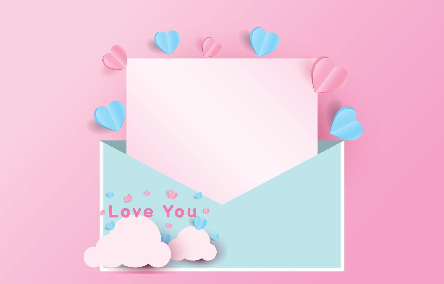 Valentijnsdag briefkaart mockup versierd met rood en blauw hartvormig papier gesneden, illustratie voor Valentijnsdag of liefdesdag, vector envelop.