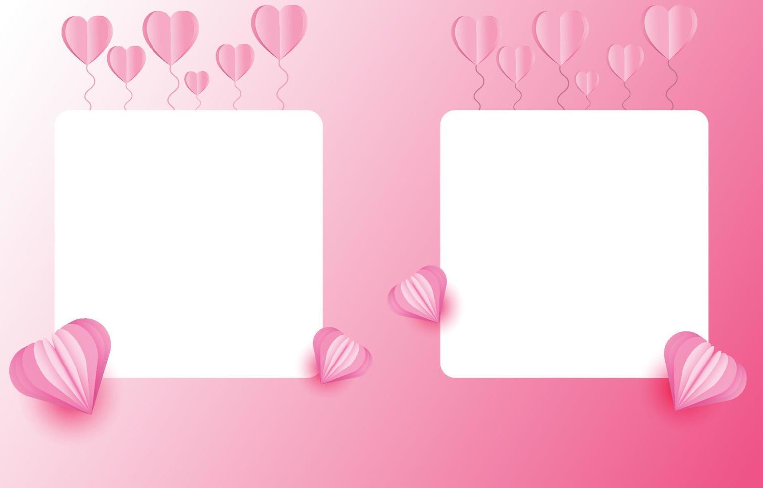 papier gesneden elementen in de vorm van een hart op rechthoekig frame heeft vrije ruimte. en roze zoete achtergrond. vectorsymbolen van liefde voor gelukkige Valentijnsdag, verjaardagswenskaartontwerp. vector