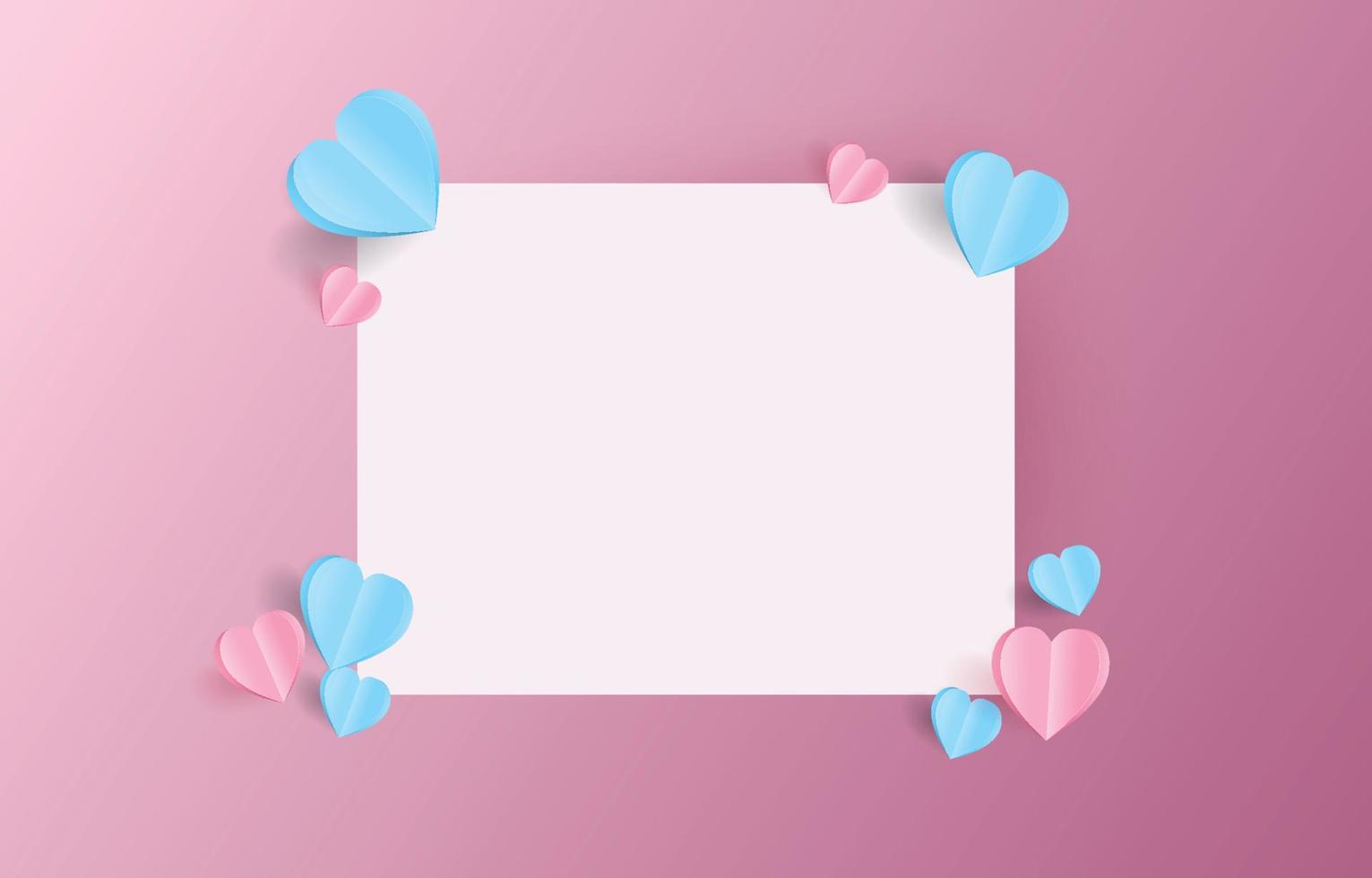 Valentijnsdag briefkaart mockup versierd met roze en blauw hartvormig papier gesneden, illustratie voor Valentijnsdag of liefdesdag, vector envelop.