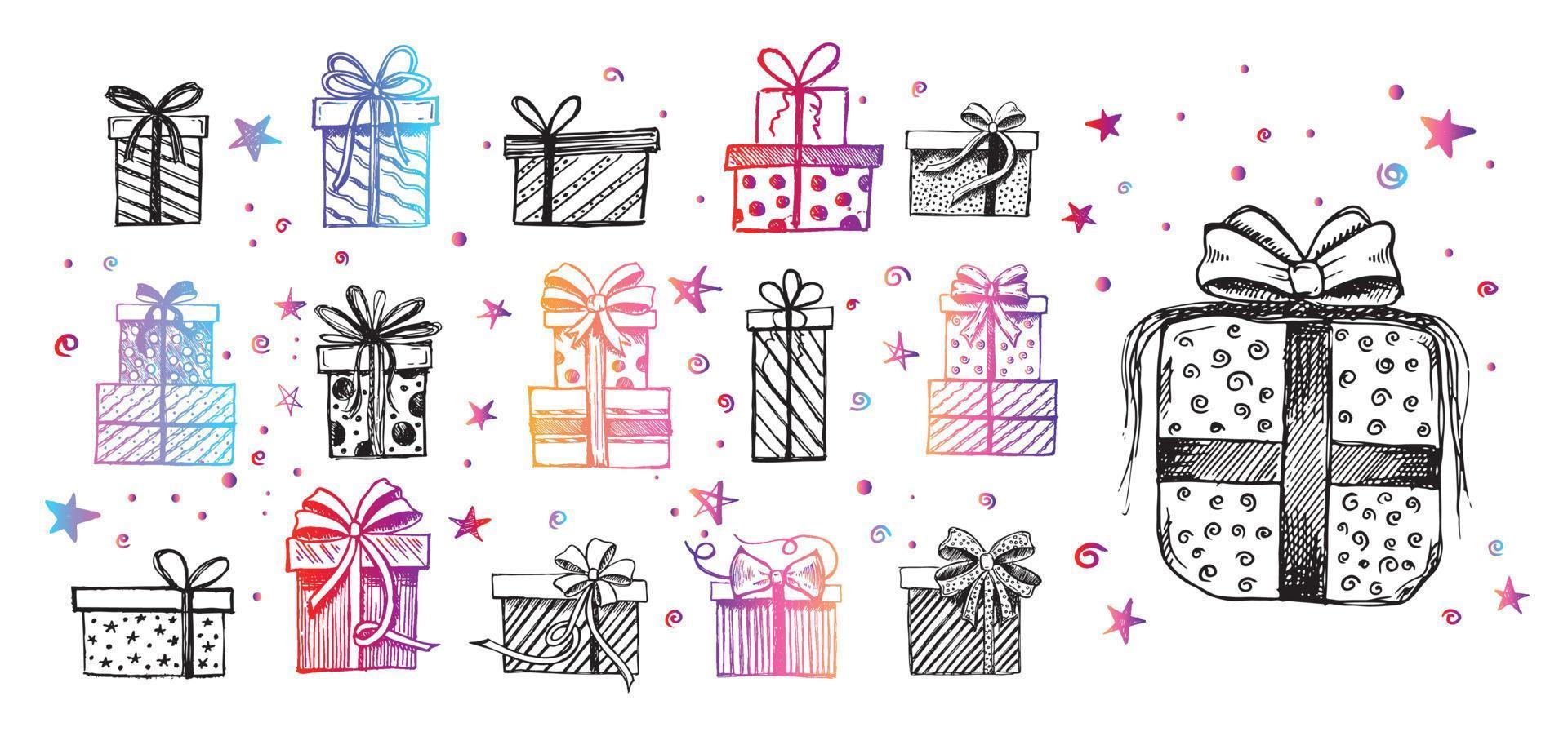 kerst set. doodle iconen van geschenkdoos. handgetekende elementen. vector. vector