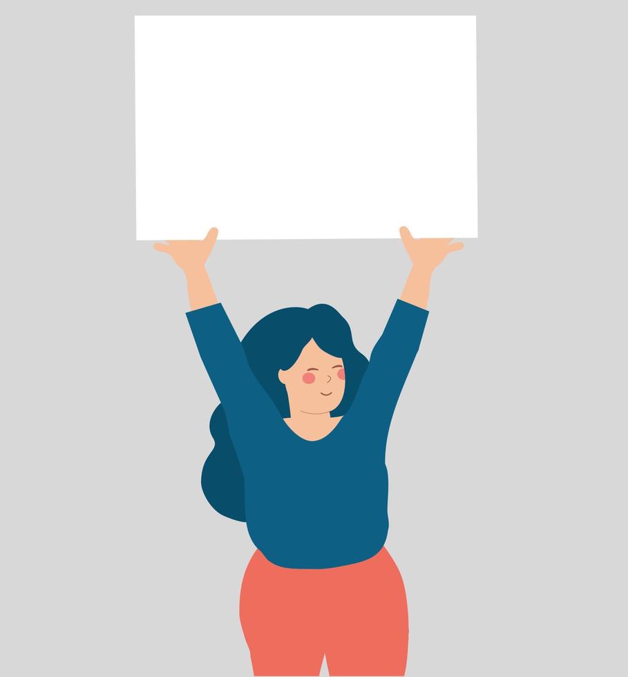 activistische vrouw houdt een bord met een witte achtergrond boven haar hoofd om te protesteren. feministe steunt de zaak en houdt een blanco plakkaat vast. empowerment van vrouwen en gendergelijkheid concept. vector illustratie