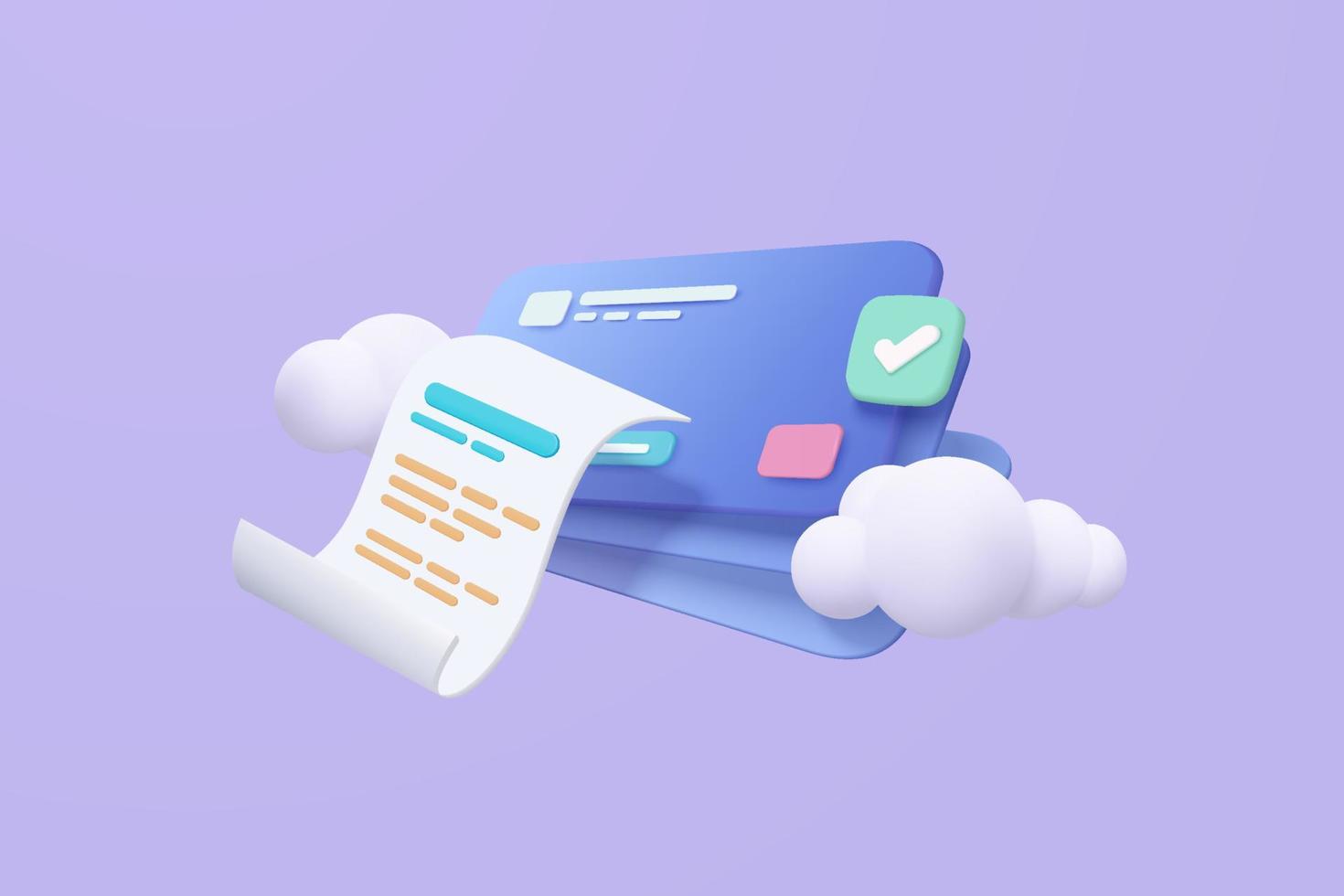 3D-factuurbetaling met creditcard en financieel voor online winkelen, online betalingscreditcard met veilig concept. factuurtransactie op cloud. 3D-vector render voor zakelijke financiën pictogram illustratie vector