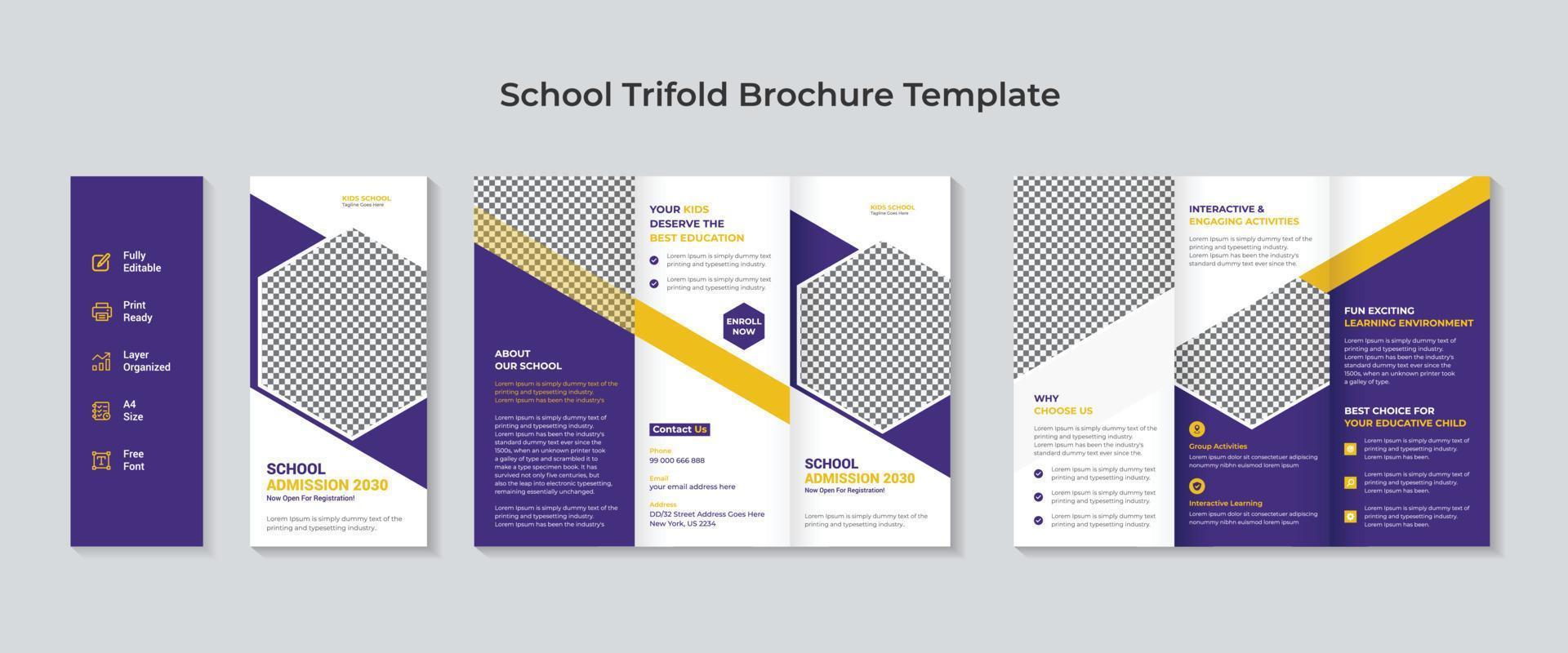 school toelating gevouwen brochure sjabloon. kinderen onderwijs toelating en terug naar school toelating driebladige brochure sjabloon. vector