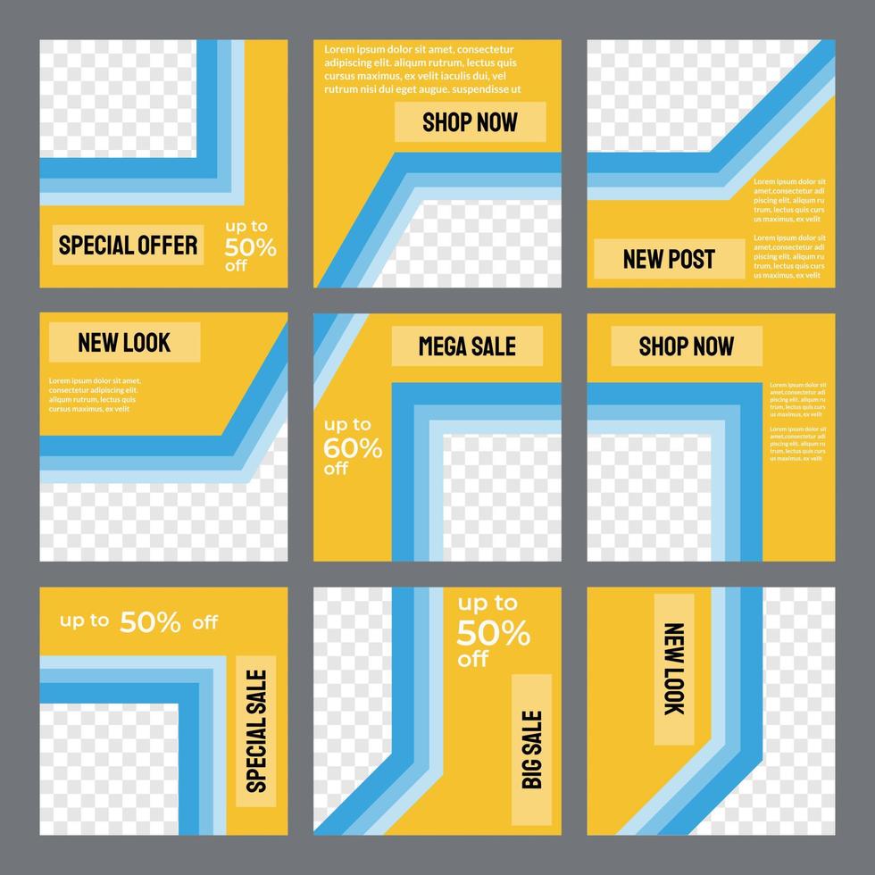 set puzzelsjablonen voor sociale media met gele kleur en drievoudige streep vector