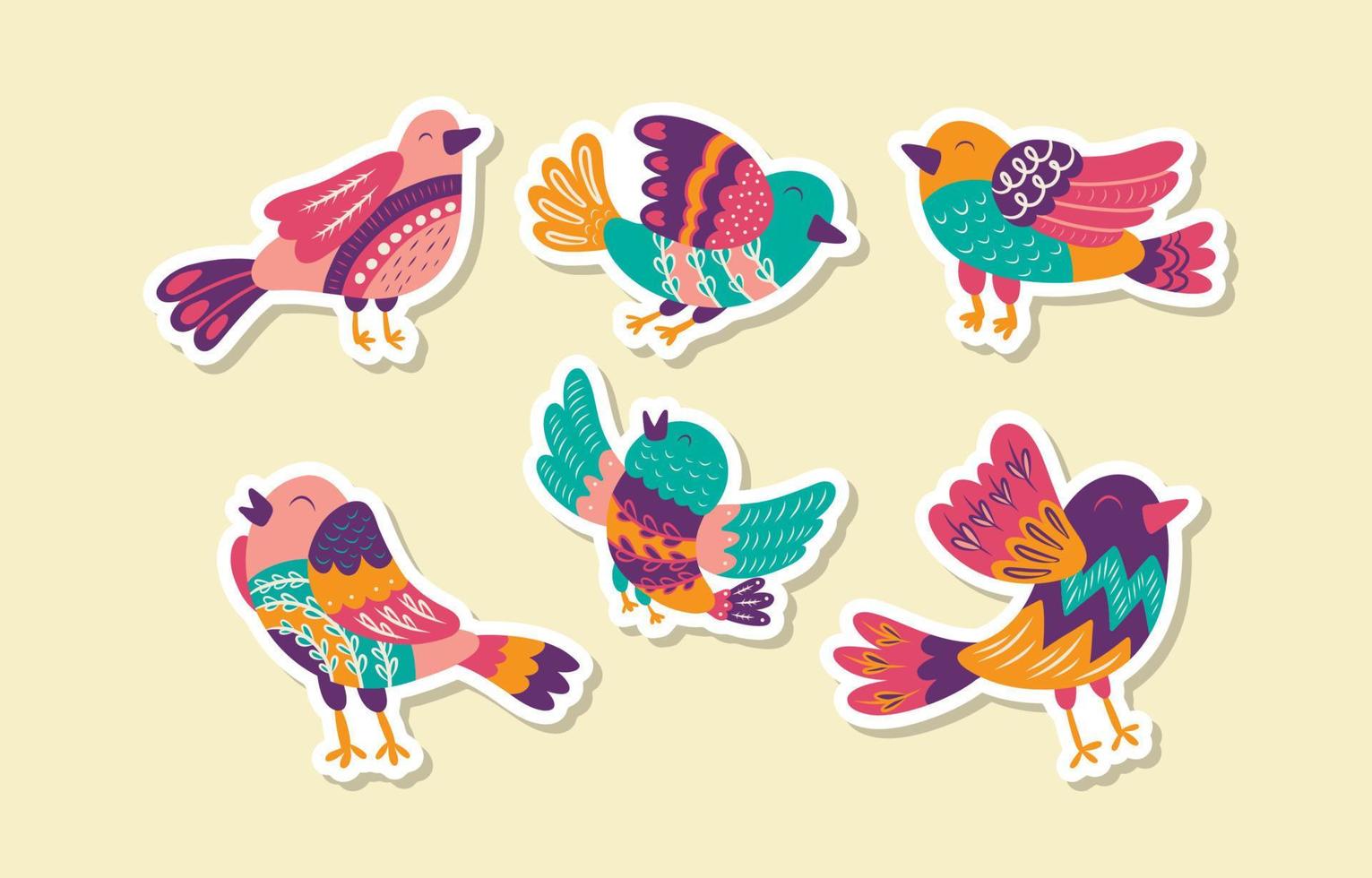 vogels doodle kleurrijke handgetekende stickercollectie vector