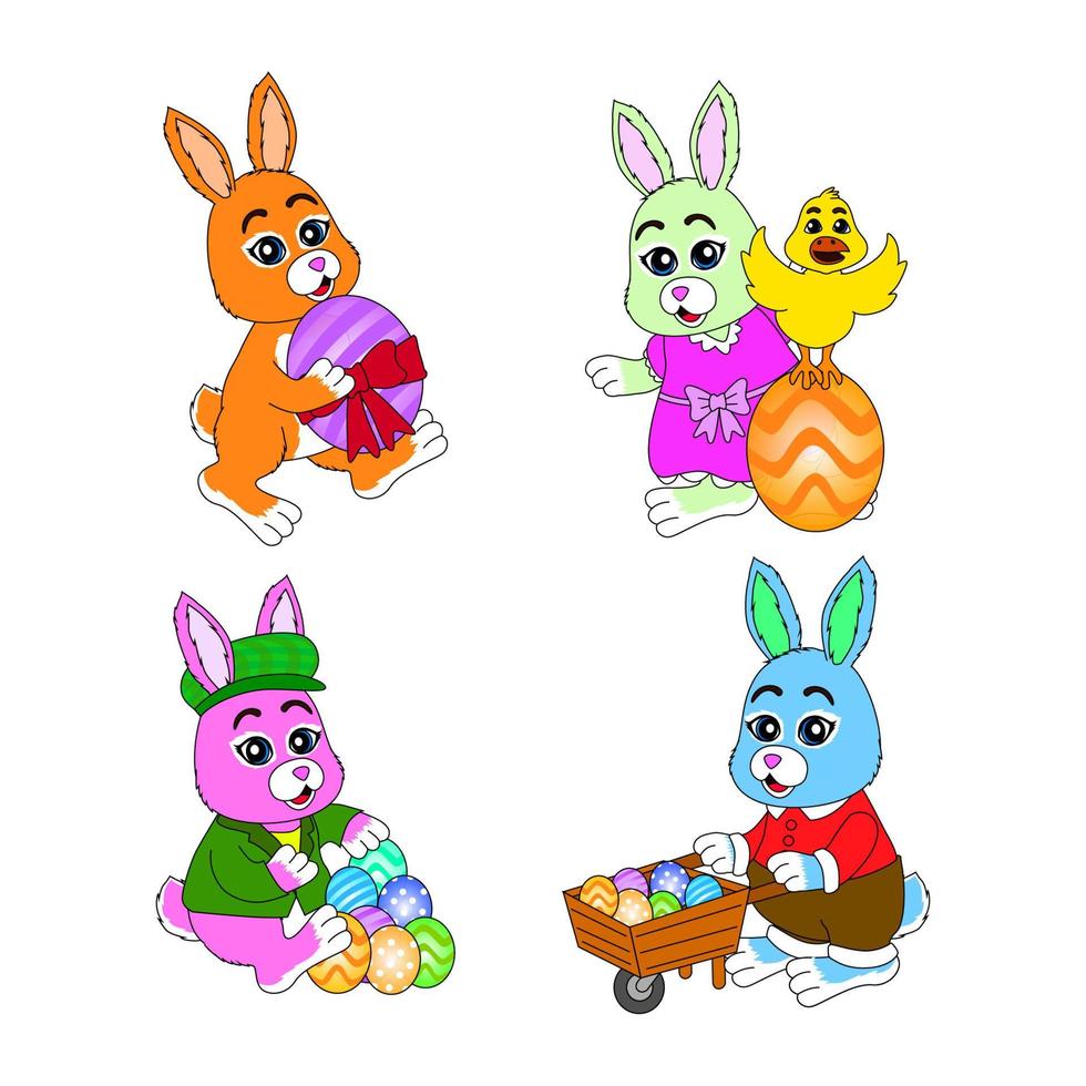 een verzameling schattige konijnenillustraties met paaseieren, paaseieren tellen, spelen met kippen en paaseieren verzamelen, kinderillustratieboeken, posters, stickers, websites vector
