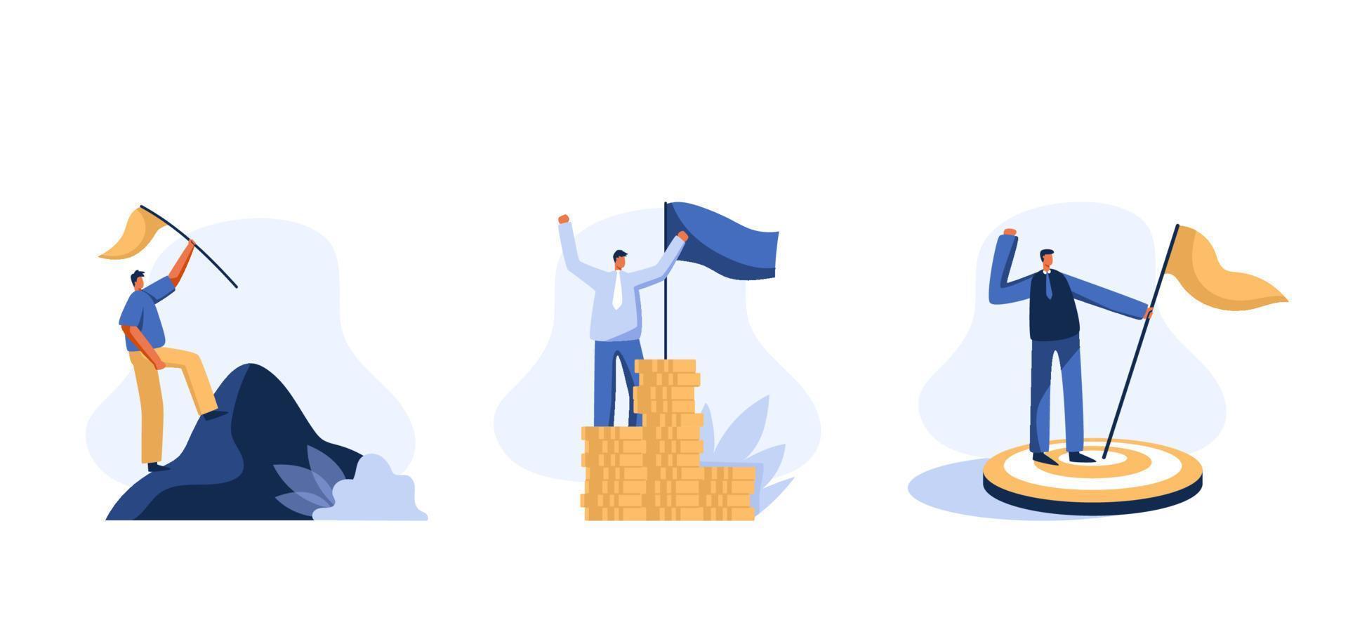 succes zakelijke visie. succes in werk en financiën. zakenman met een vlag en een stapel munten. vectorillustratie. vector