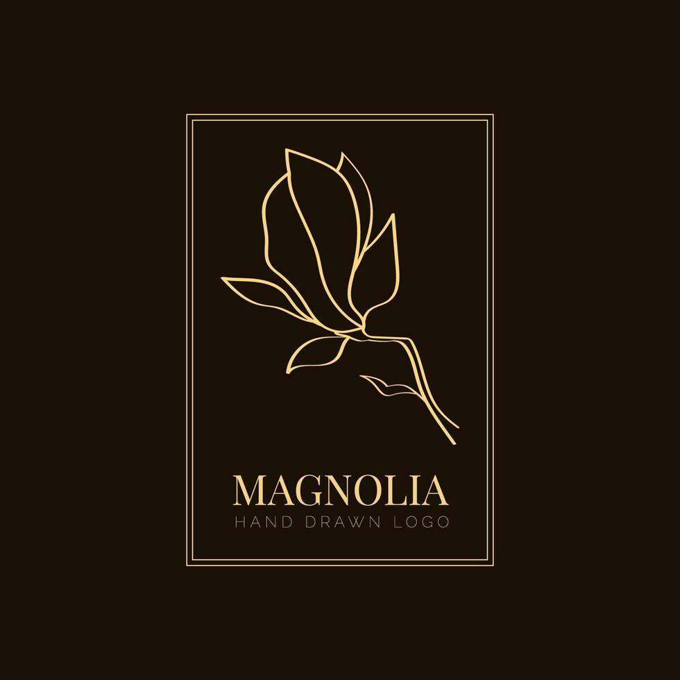 eenvoudige magnolia bloem logo illustratie voor onroerend goed. botanisch bloemenembleem met typografie op bruine achtergrond vector