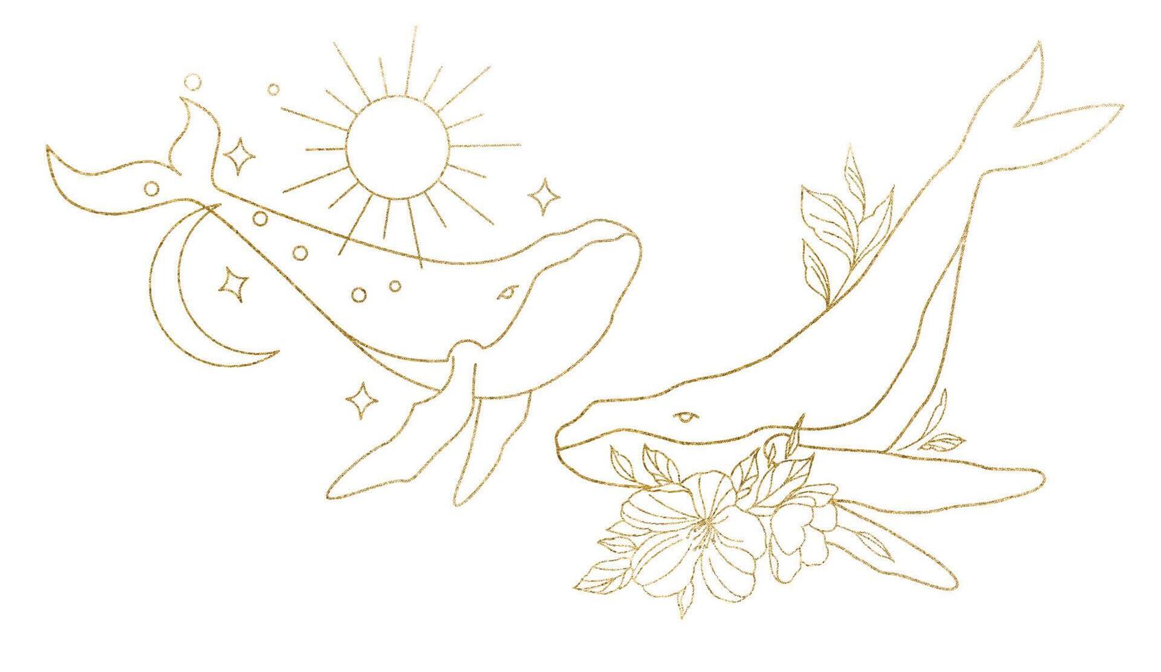 logo sjabloon in lineaire gouden stijl. twee walvissen met maan en bloemen. esoterische illustratie met maan en sterren vector