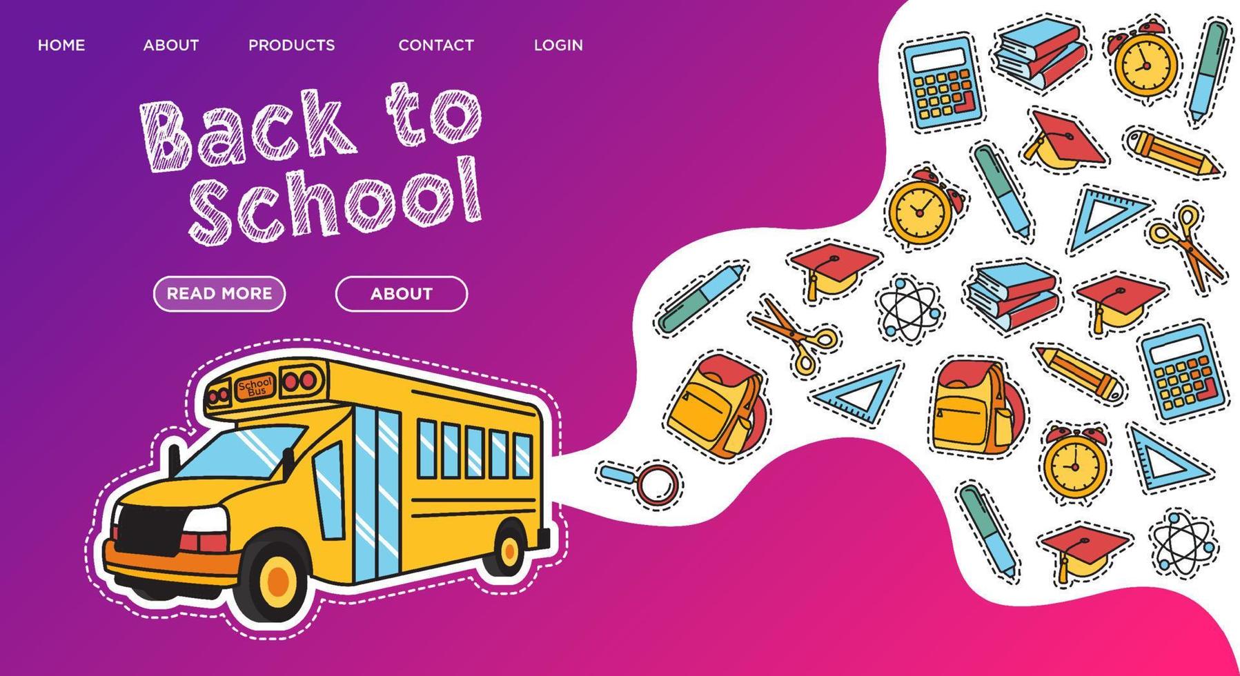 schoolbus, terug naar school concept illustratie met iconen van benodigdheden en boeken. vector achtergrondontwerp, webpagina.