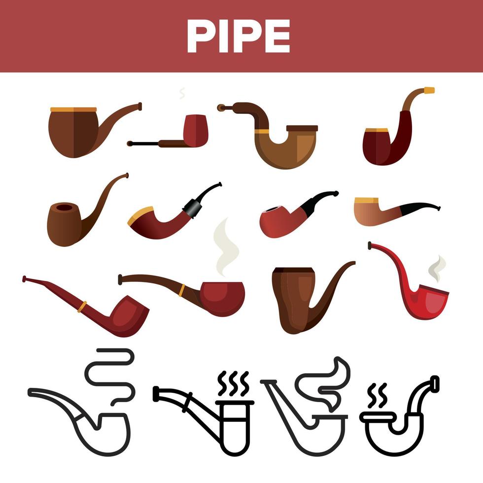 tabak pijp pictogram set vector. sigaar roken. oud grafisch silhouet. as. nicotineverslaving object. houten vintage retro klassieke sigaret. lijn, vlakke afbeelding vector