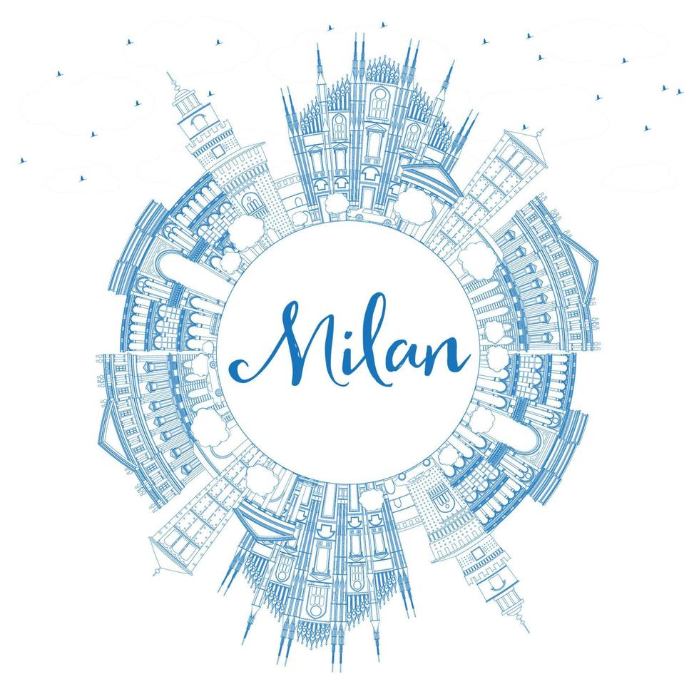 schets de skyline van Milaan met blauwe oriëntatiepunten en kopieer ruimte. vector