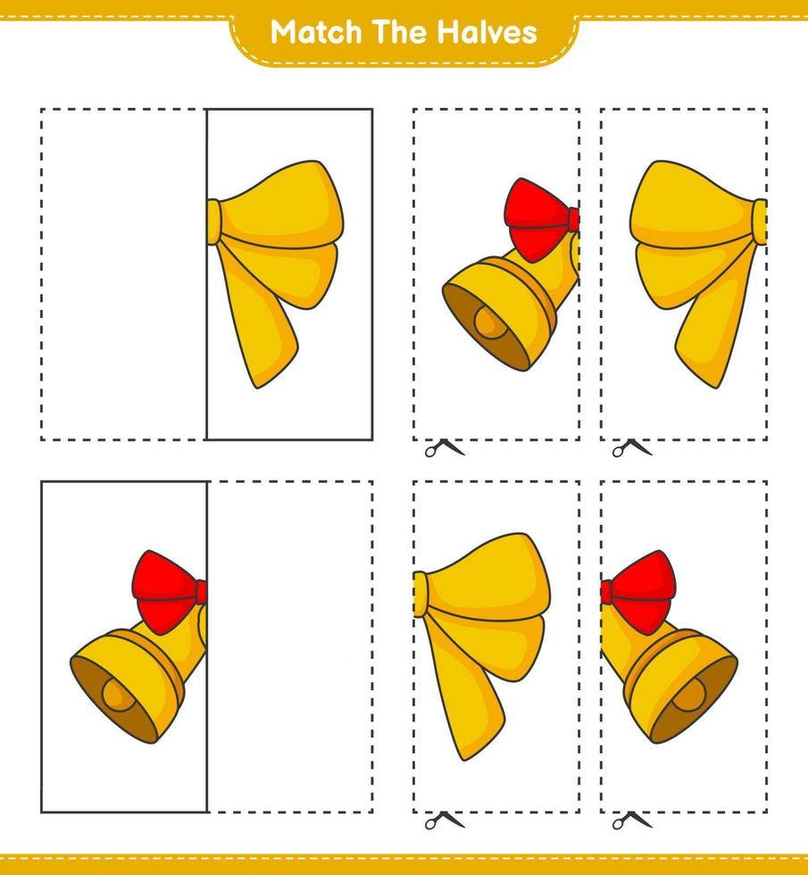 overeenkomen met de helften. match de helften van het lint en de kerstbel. educatief kinderspel, afdrukbaar werkblad, vectorillustratie vector