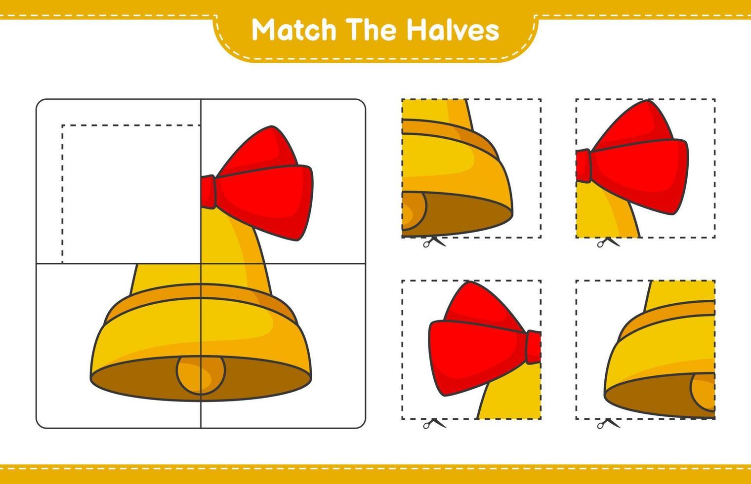 overeenkomen met de helften. match de helften van de kerstbel. educatief kinderspel, afdrukbaar werkblad, vectorillustratie vector