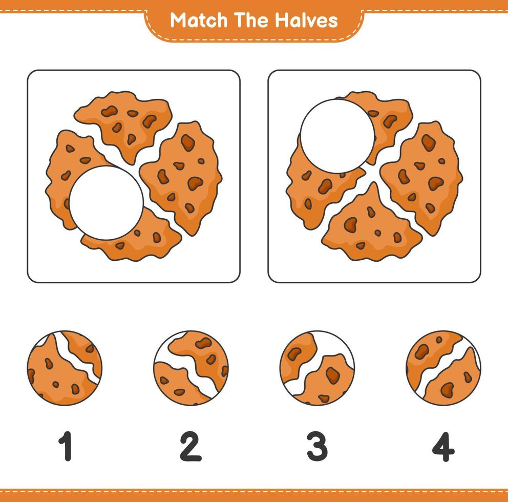 overeenkomen met de helften. match de helften van het koekje. educatief kinderspel, afdrukbaar werkblad, vectorillustratie vector