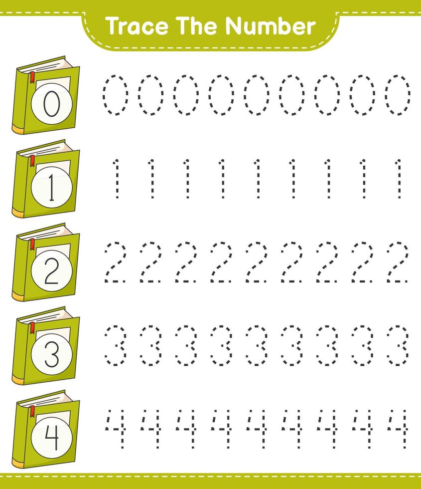 het nummer traceren. volgnummer met boek. educatief kinderspel, afdrukbaar werkblad, vectorillustratie vector