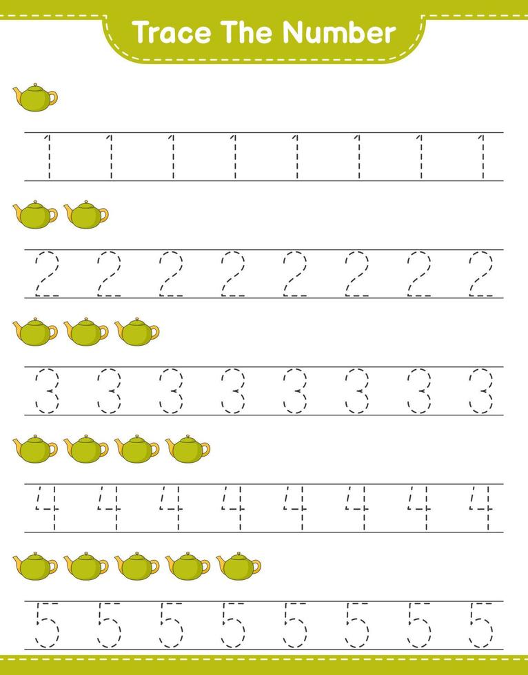 het nummer traceren. traceernummer met theepot. educatief kinderspel, afdrukbaar werkblad, vectorillustratie vector