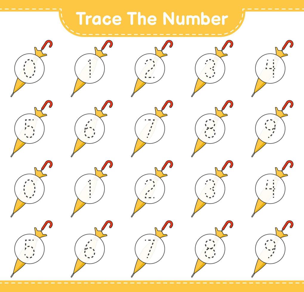 het nummer traceren. traceringsnummer met paraplu. educatief kinderspel, afdrukbaar werkblad, vectorillustratie vector