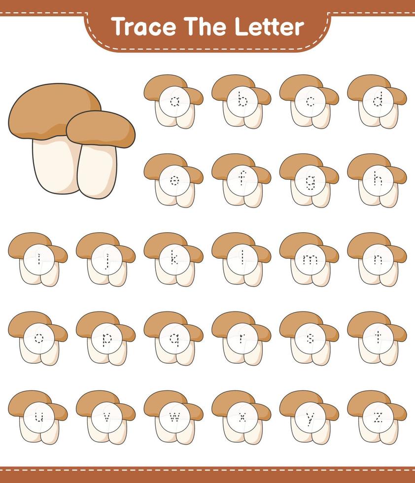 de brief traceren. tracering letter alfabet met paddestoel boletus. educatief kinderspel, afdrukbaar werkblad, vectorillustratie vector