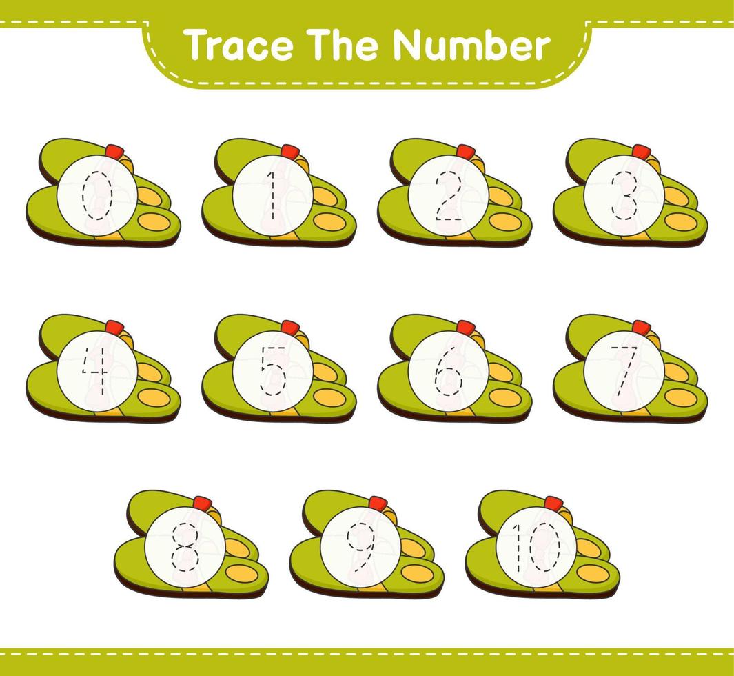 het nummer traceren. traceernummer met slippers. educatief kinderspel, afdrukbaar werkblad, vectorillustratie vector