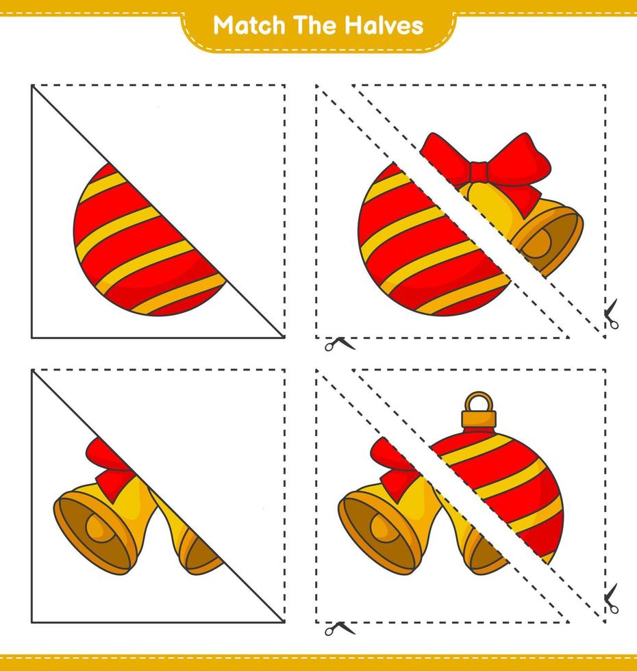 overeenkomen met de helften. match de helften van de kerstbal en de kerstbel. educatief kinderspel, afdrukbaar werkblad, vectorillustratie vector