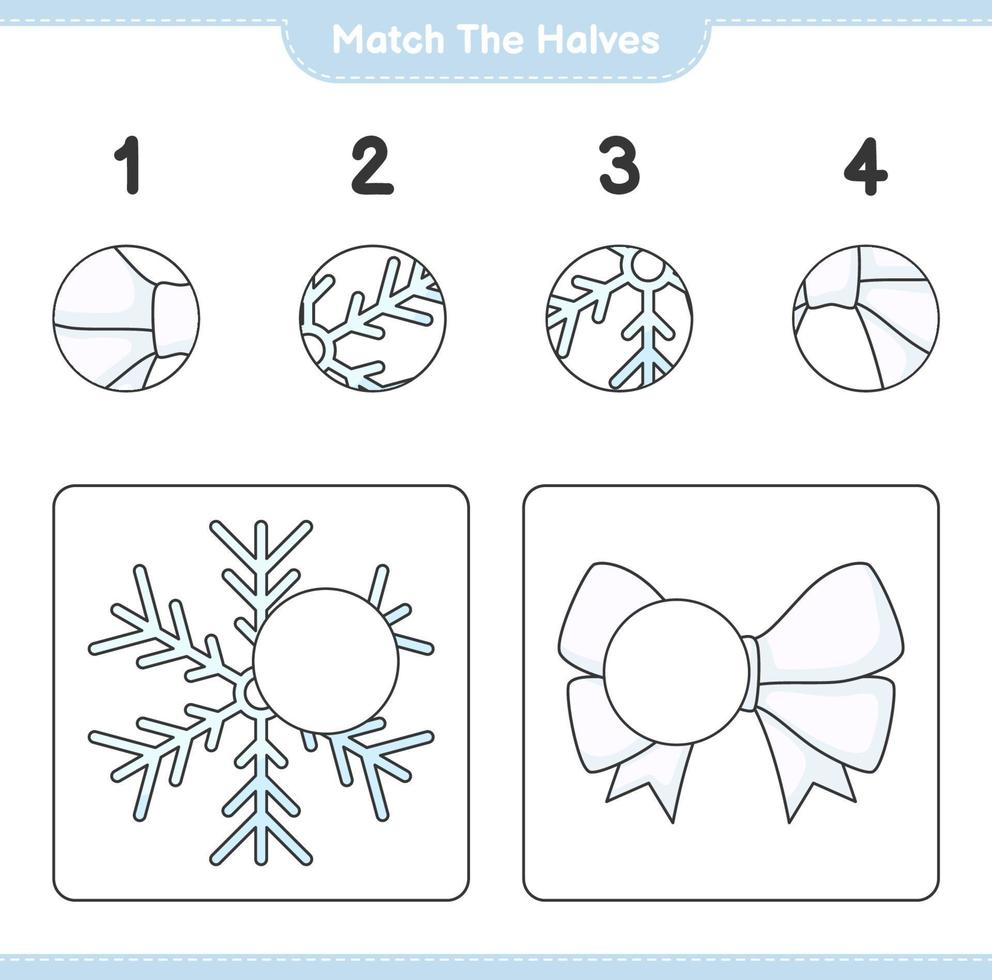 overeenkomen met de helften. match de helften van sneeuwvlok en lint. educatief kinderspel, afdrukbaar werkblad, vectorillustratie vector