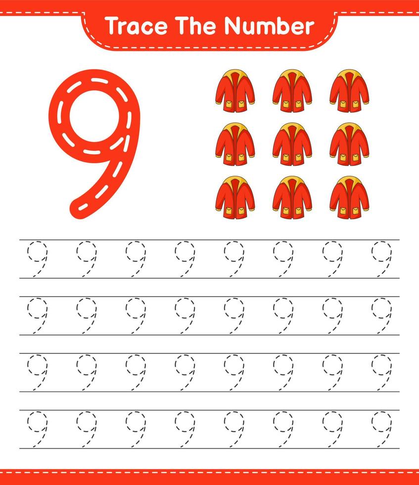 het nummer traceren. traceernummer met warme kleding. educatief kinderspel, afdrukbaar werkblad, vectorillustratie vector