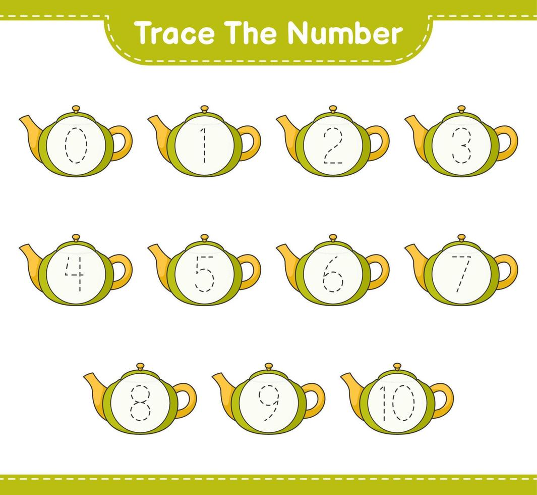 het nummer traceren. traceernummer met theepot. educatief kinderspel, afdrukbaar werkblad, vectorillustratie vector