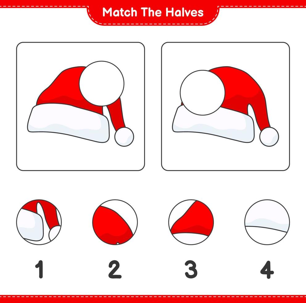 overeenkomen met de helften. match de helften van de kerstmuts. educatief kinderspel, afdrukbaar werkblad, vectorillustratie vector