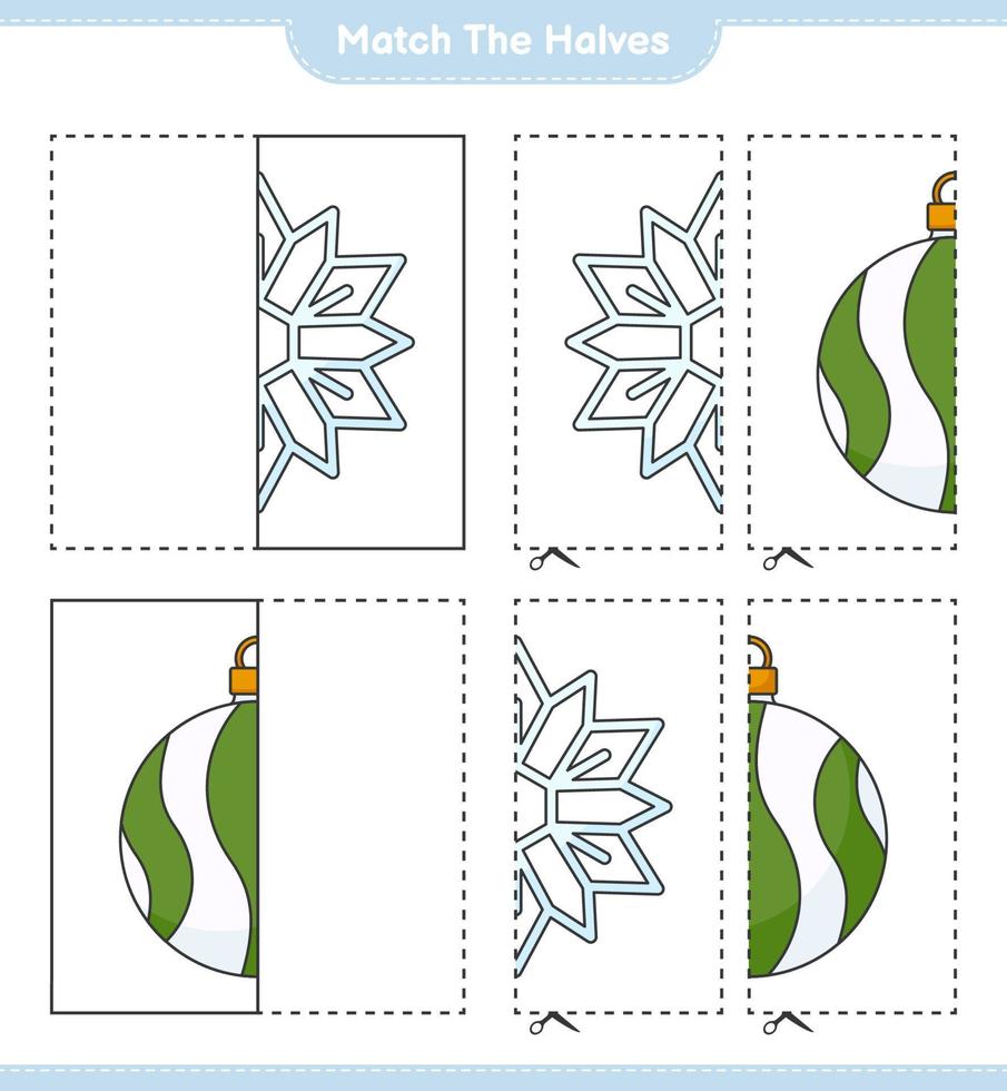 overeenkomen met de helften. match de helften van sneeuwvlok en kerstbal. educatief kinderspel, afdrukbaar werkblad, vectorillustratie vector