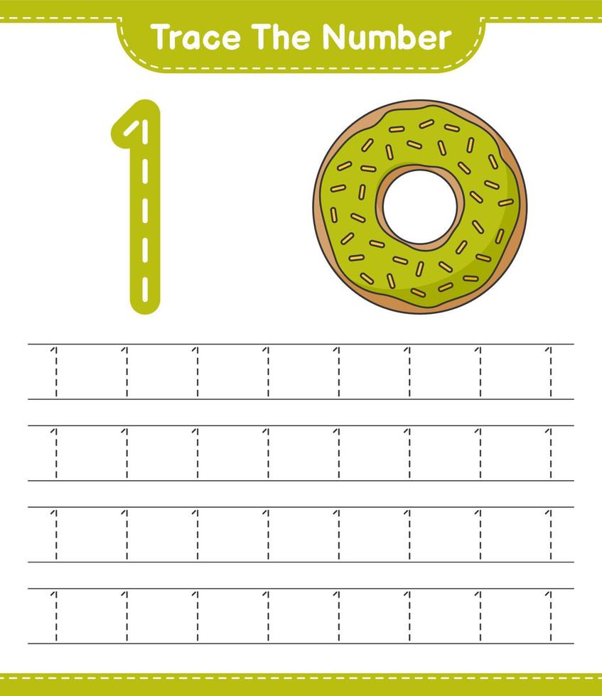 het nummer traceren. traceringsnummer met donut. educatief kinderspel, afdrukbaar werkblad, vectorillustratie vector