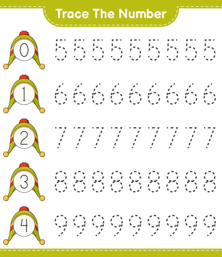 het nummer traceren. traceernummer met hoed. educatief kinderspel, afdrukbaar werkblad, vectorillustratie vector