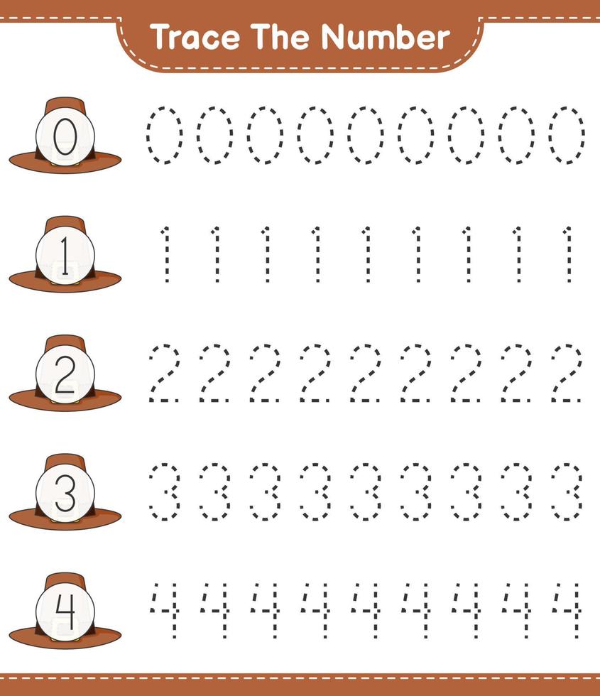 het nummer traceren. traceernummer met hoed. educatief kinderspel, afdrukbaar werkblad, vectorillustratie vector