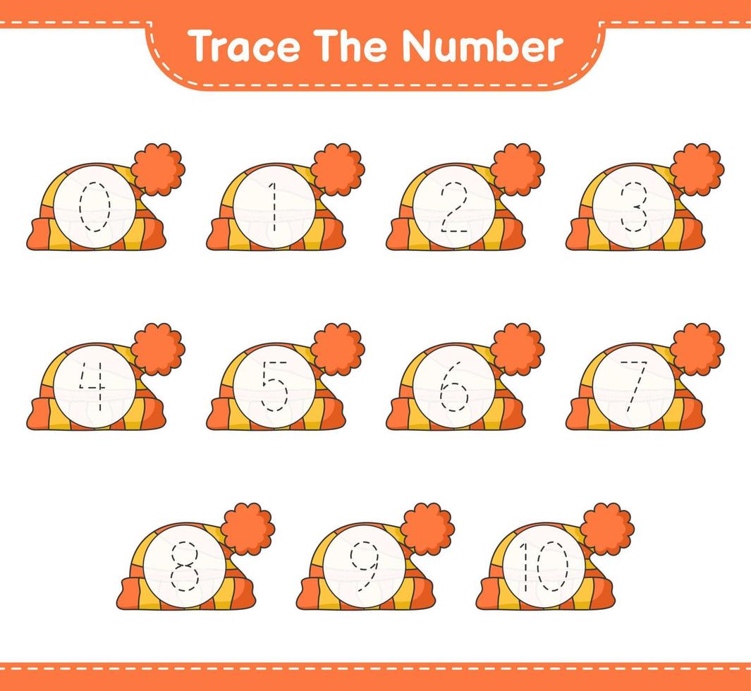 het nummer traceren. traceernummer met hoed. educatief kinderspel, afdrukbaar werkblad, vectorillustratie vector