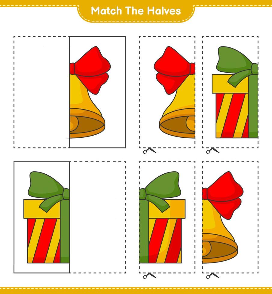 overeenkomen met de helften. match de helften van de kerstbel en de geschenkdoos. educatief kinderspel, afdrukbaar werkblad, vectorillustratie vector