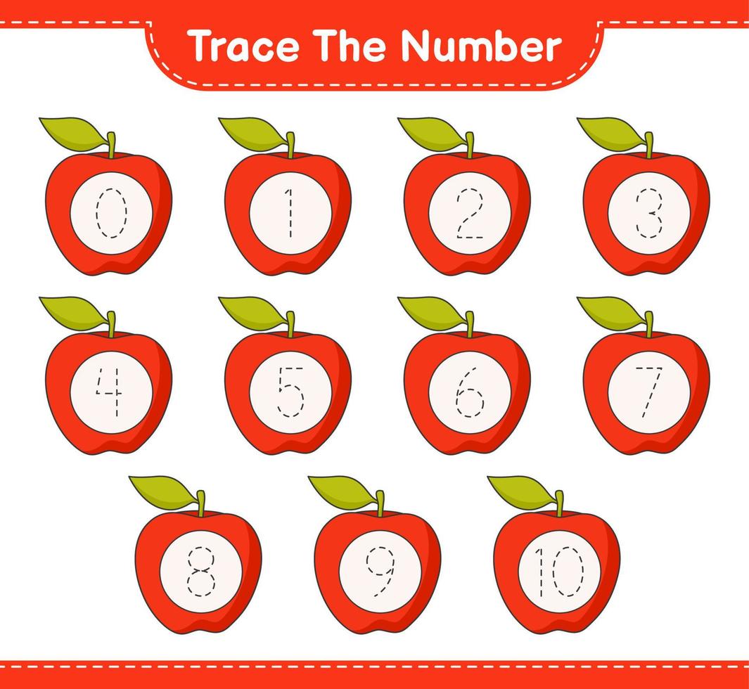 het nummer traceren. traceringsnummer met appel. educatief kinderspel, afdrukbaar werkblad, vectorillustratie vector