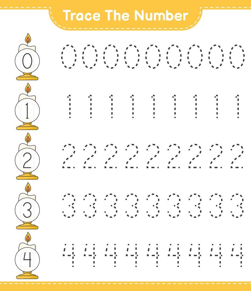 het nummer traceren. traceringsnummer met kaars. educatief kinderspel, afdrukbaar werkblad, vectorillustratie vector