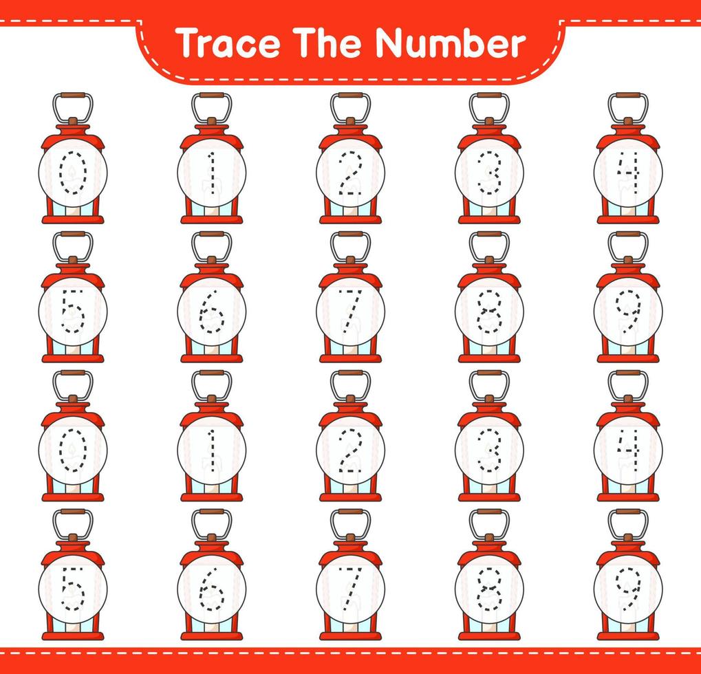 het nummer traceren. volgnummer met lantaarn. educatief kinderspel, afdrukbaar werkblad, vectorillustratie vector