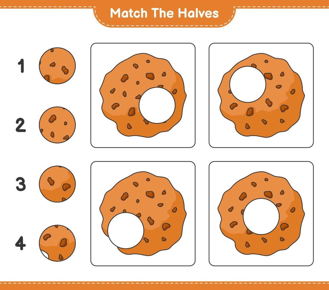 overeenkomen met de helften. match de helften van het koekje. educatief kinderspel, afdrukbaar werkblad, vectorillustratie vector
