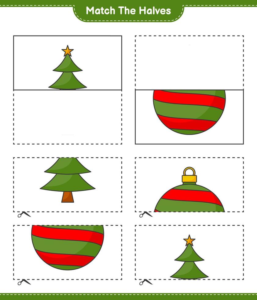 overeenkomen met de helften. match de helften van de kerstboom en de kerstbal. educatief kinderspel, afdrukbaar werkblad, vectorillustratie vector