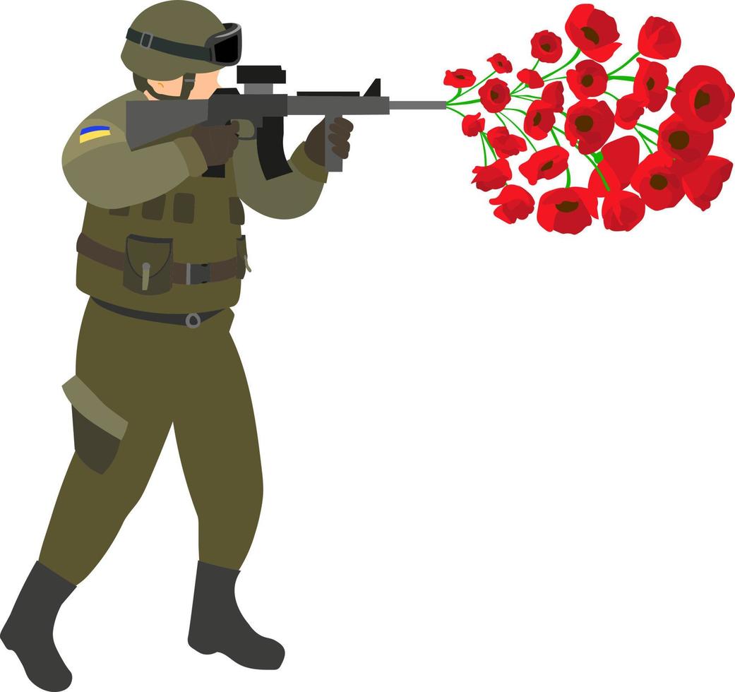 een Oekraïense soldaat schiet papavers uit een machinegeweer, staande rechte vectorillustratie geïsoleerd op een witte achtergrond. schiet bloemen uit een wapen. vector