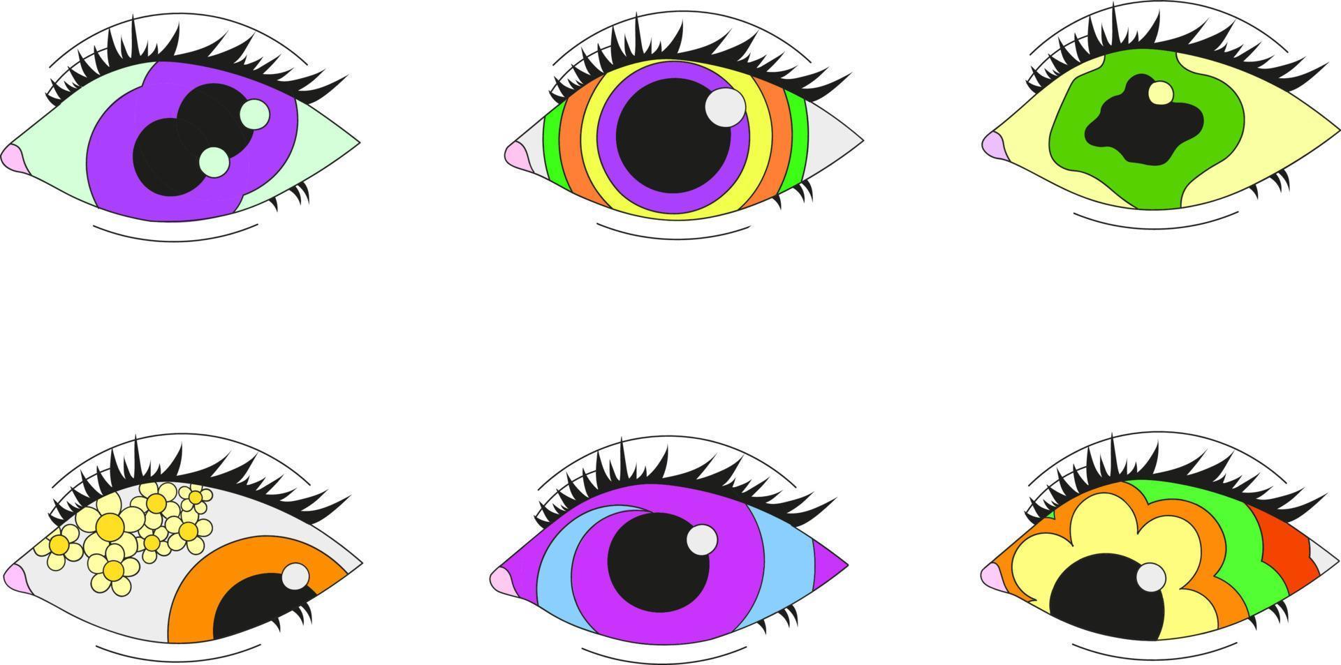 een set van zes psychedelische ogen. vectorillustratie geïsoleerd op een witte achtergrond. vector