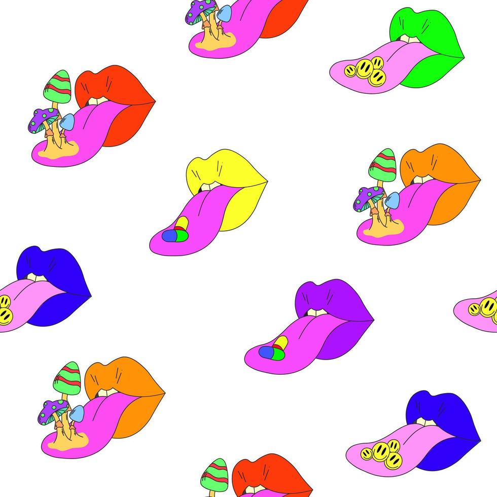 naadloos psychedelisch patroon met lippen met tong die uitsteekt. paddenstoelen op de tong, emoticons en pillen op de tong. surrealisme vector