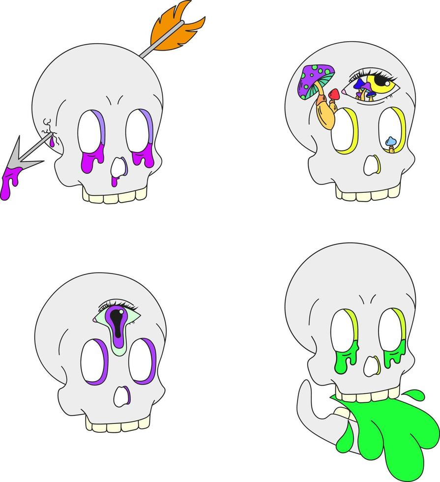 een set van vier psychedelische schedels. vectorillustratie geïsoleerd op een witte achtergrond vector